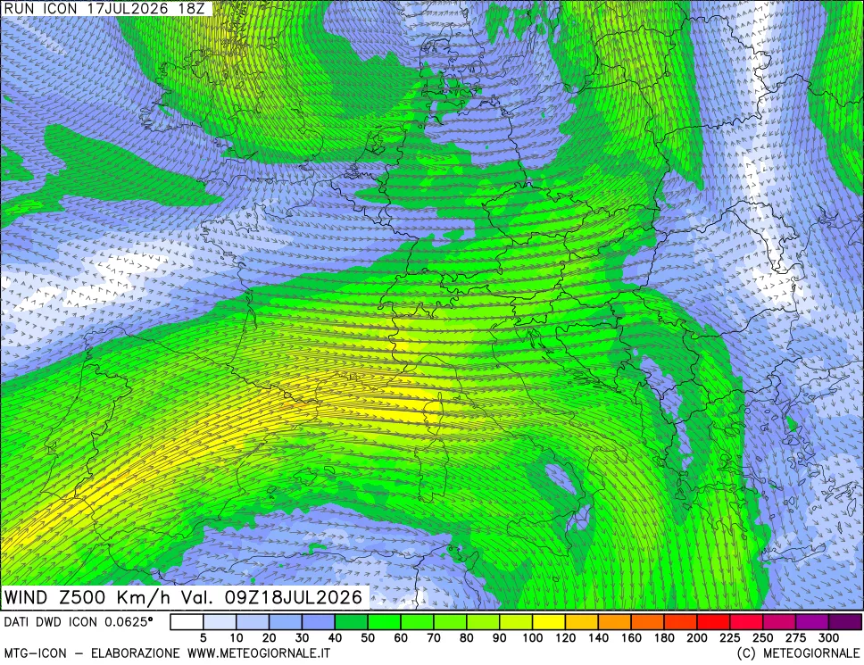 mappa 500 hPa Vento forza e direzione