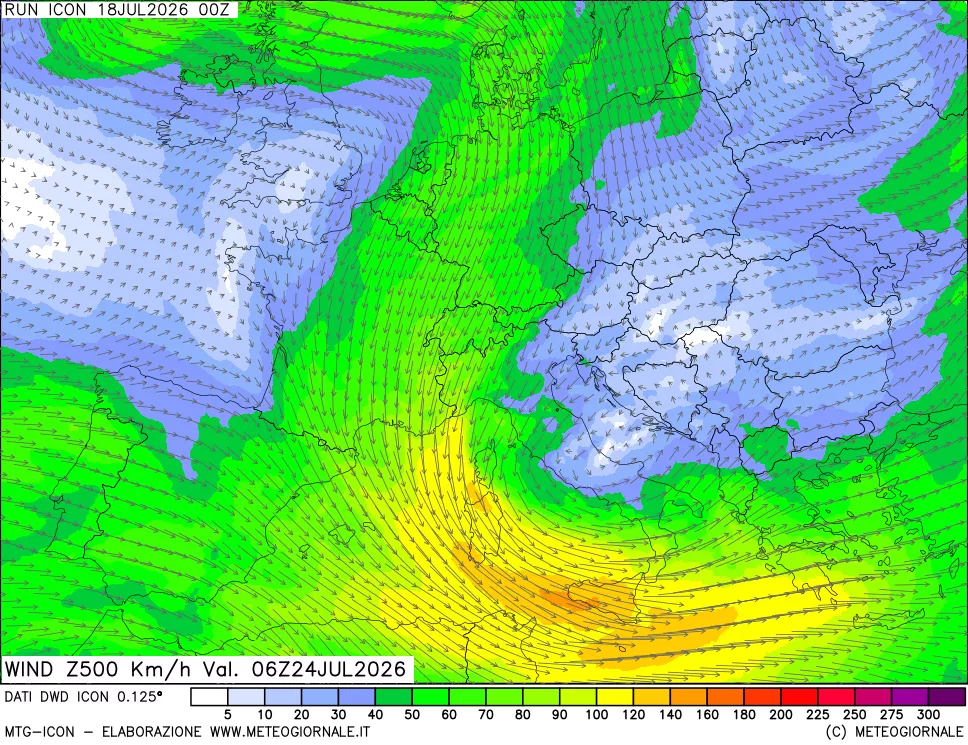 mappa 500 hPa Vento forza e direzione