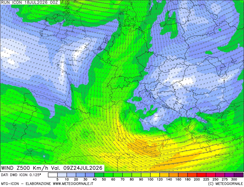 mappa 500 hPa Vento forza e direzione