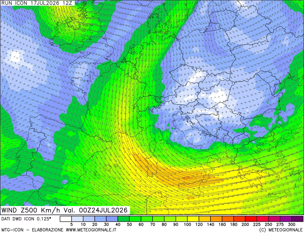 mappa 500 hPa Vento forza e direzione