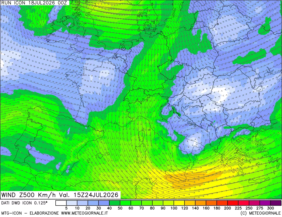 mappa 500 hPa Vento forza e direzione