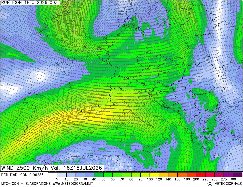 mappa 500 hPa Vento forza e direzione