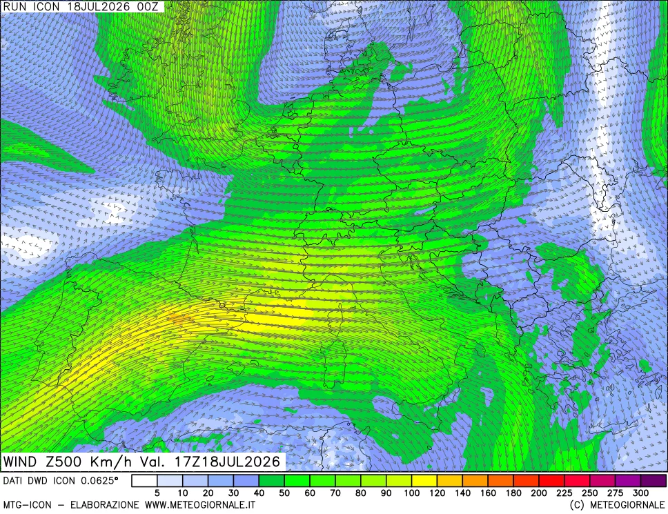 mappa 500 hPa Vento forza e direzione