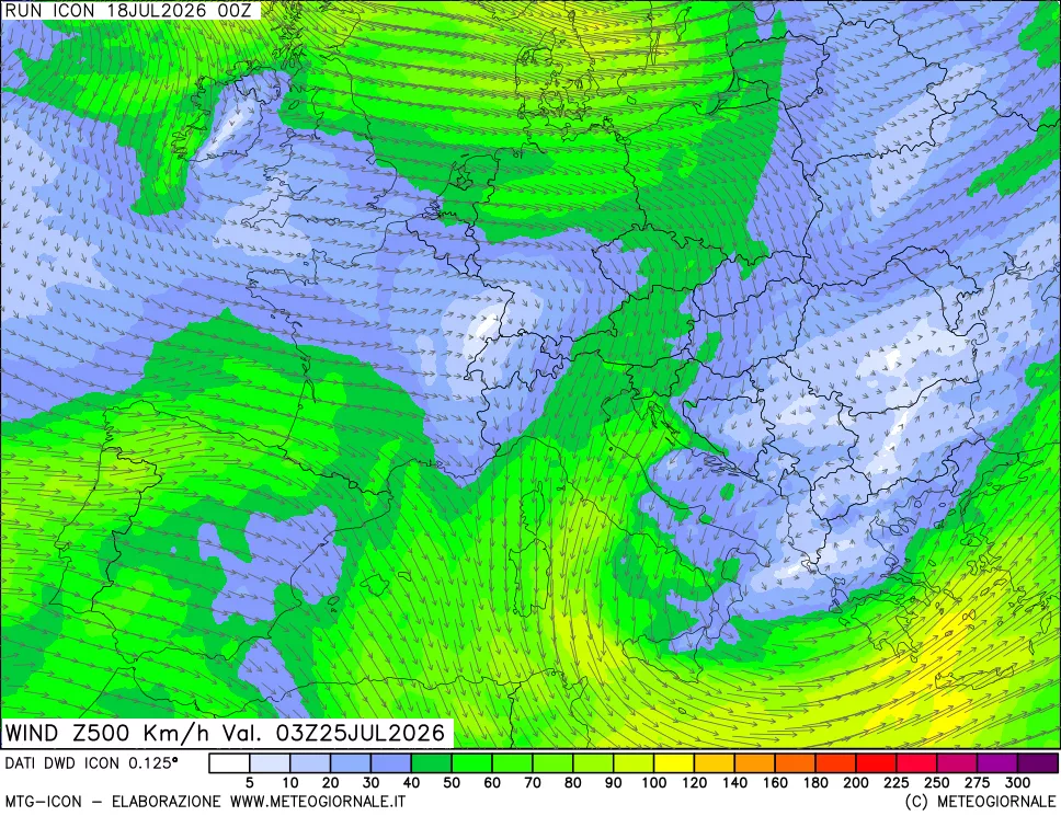 mappa 500 hPa Vento forza e direzione