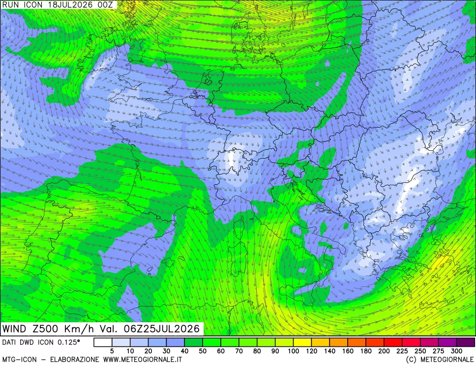 mappa 500 hPa Vento forza e direzione
