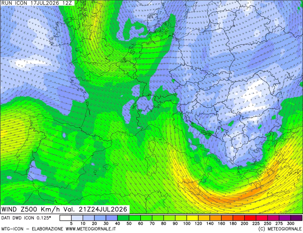 mappa 500 hPa Vento forza e direzione