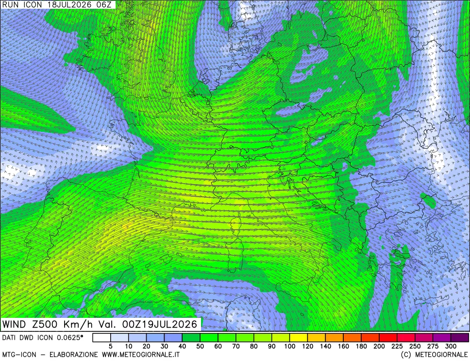mappa 500 hPa Vento forza e direzione