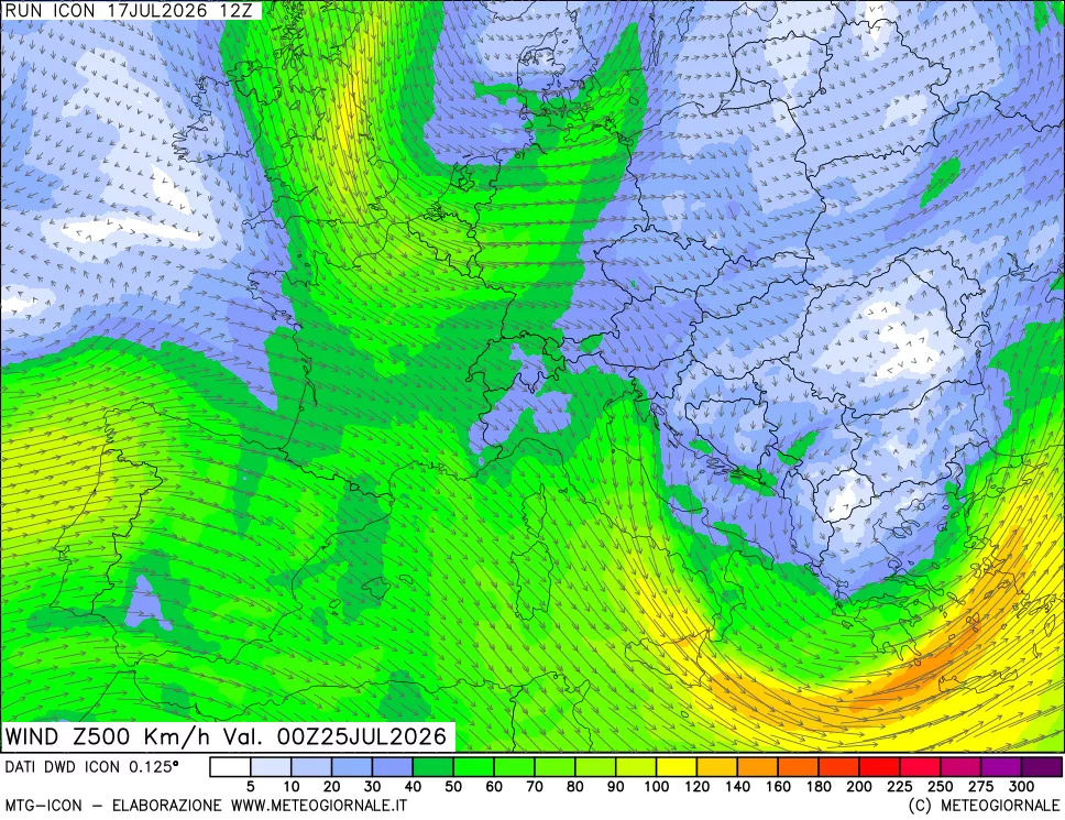 mappa 500 hPa Vento forza e direzione