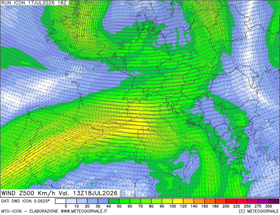 mappa 500 hPa Vento forza e direzione