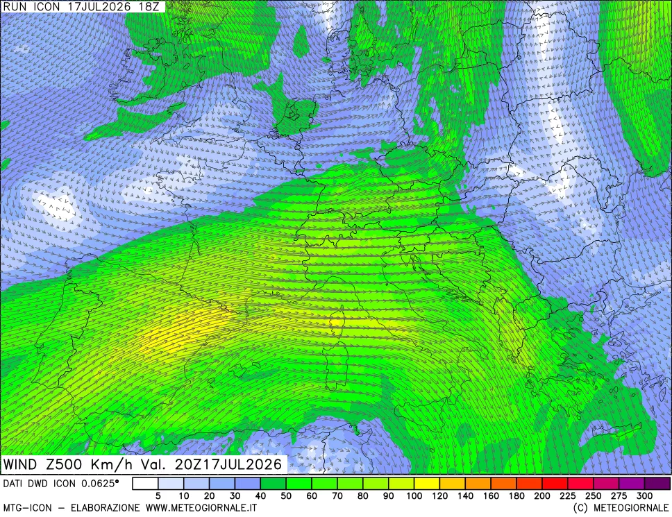 mappa 500 hPa Vento forza e direzione