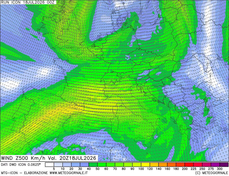 mappa 500 hPa Vento forza e direzione
