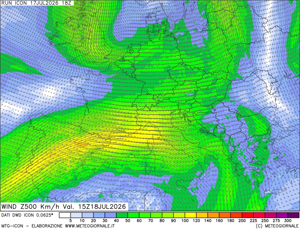 mappa 500 hPa Vento forza e direzione