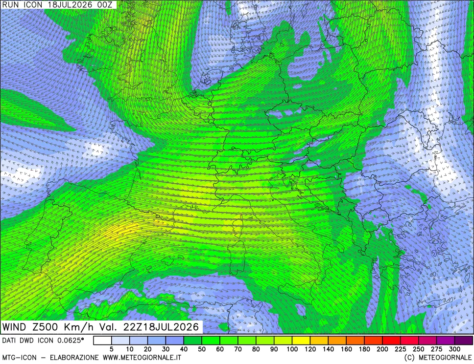 mappa 500 hPa Vento forza e direzione