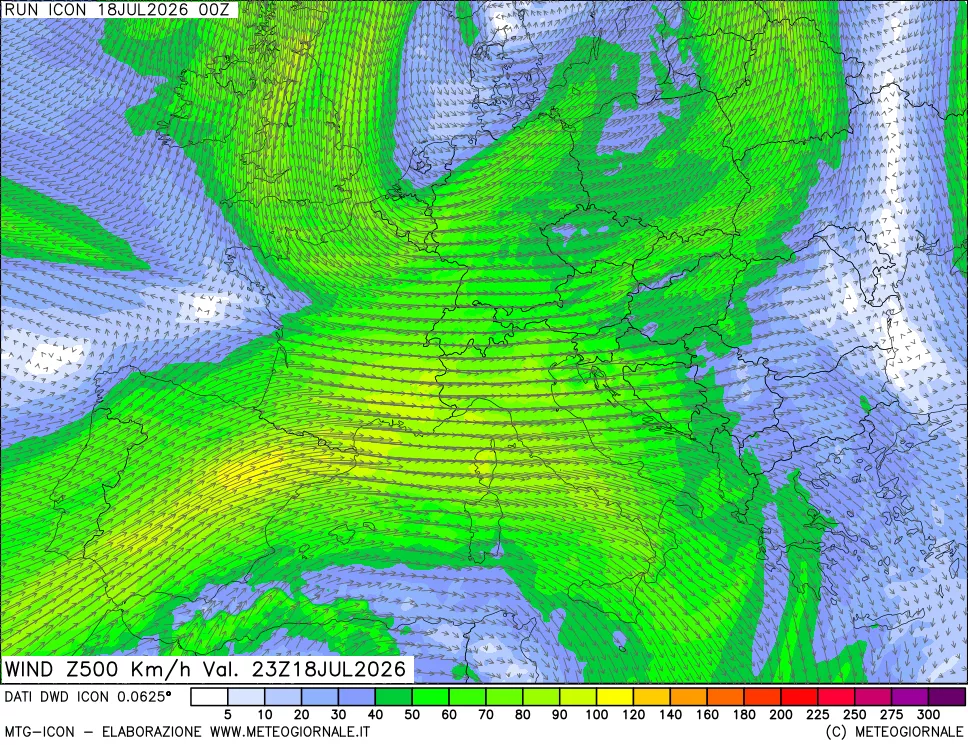 mappa 500 hPa Vento forza e direzione