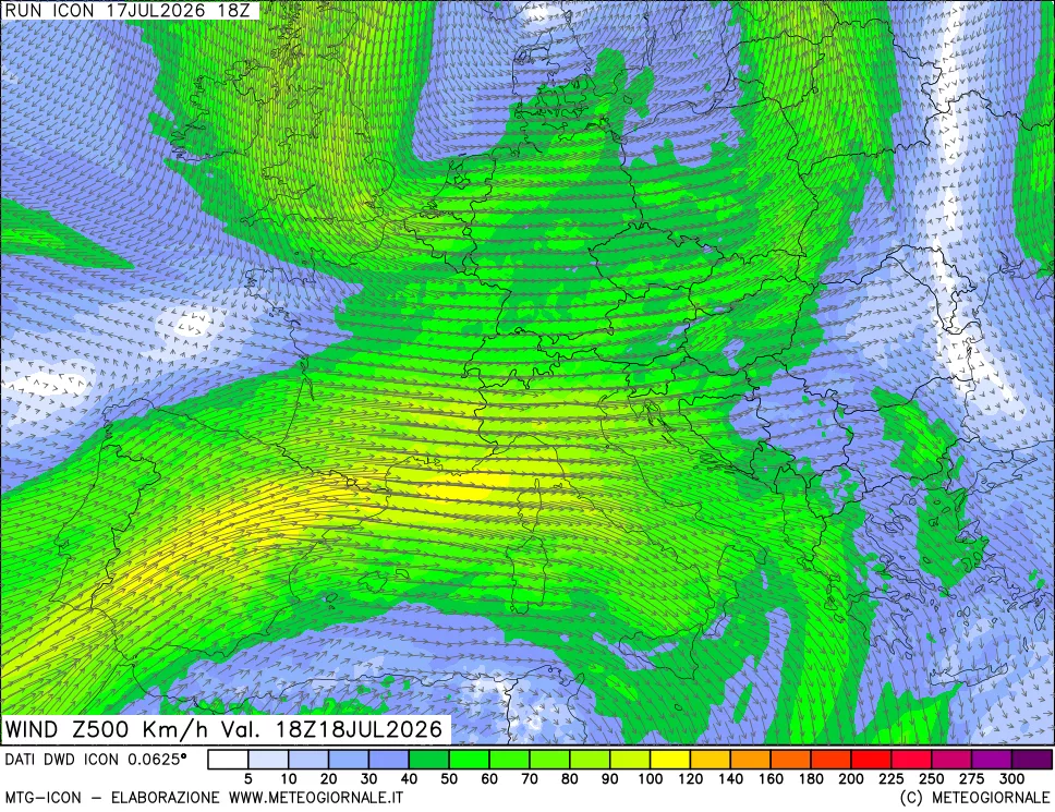 mappa 500 hPa Vento forza e direzione