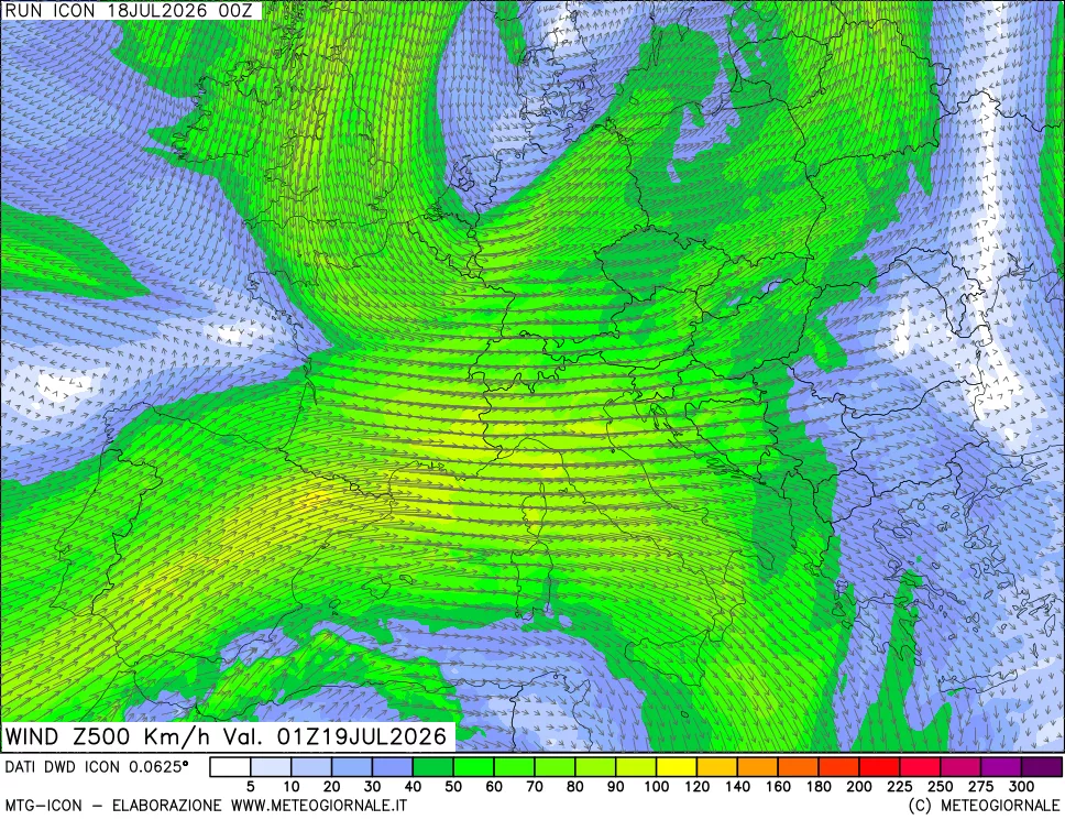 mappa 500 hPa Vento forza e direzione