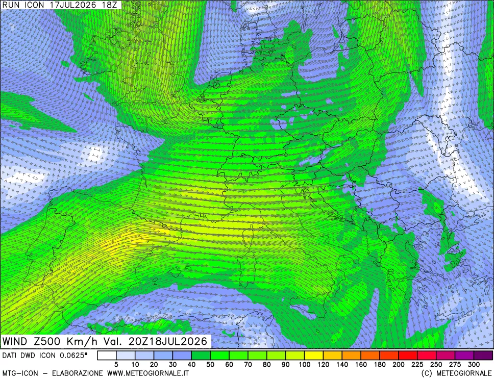 mappa 500 hPa Vento forza e direzione