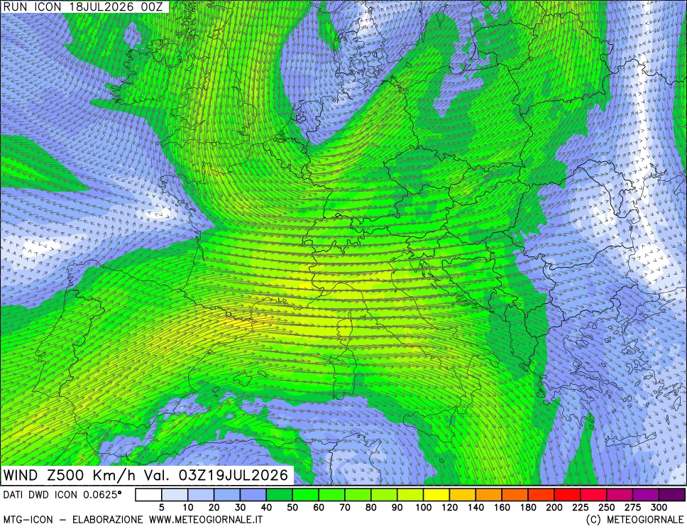 mappa 500 hPa Vento forza e direzione