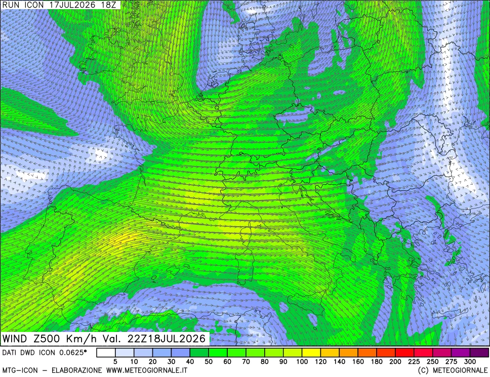 mappa 500 hPa Vento forza e direzione