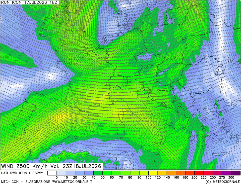 mappa 500 hPa Vento forza e direzione