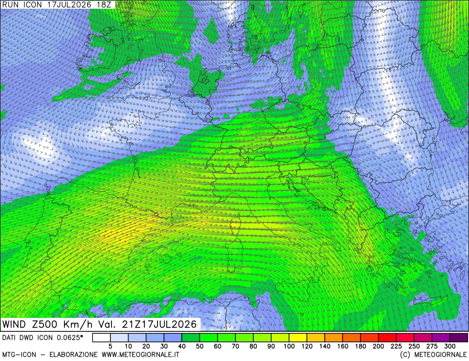 mappa 500 hPa Vento forza e direzione