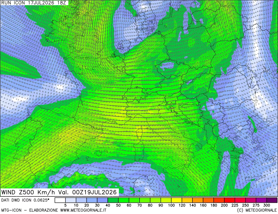 mappa 500 hPa Vento forza e direzione