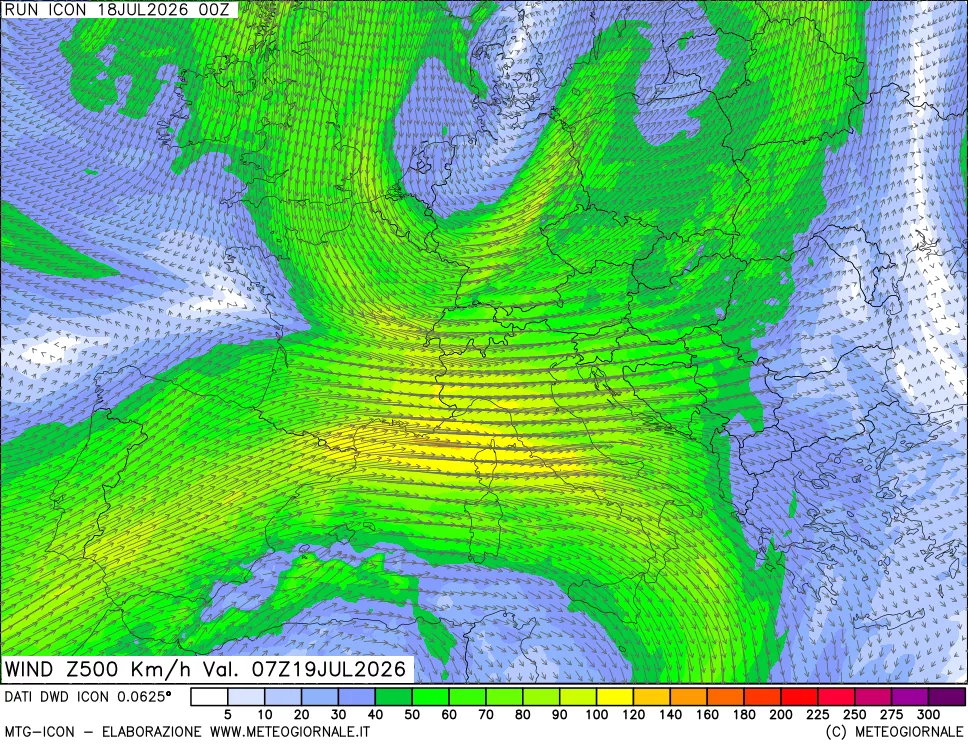 mappa 500 hPa Vento forza e direzione