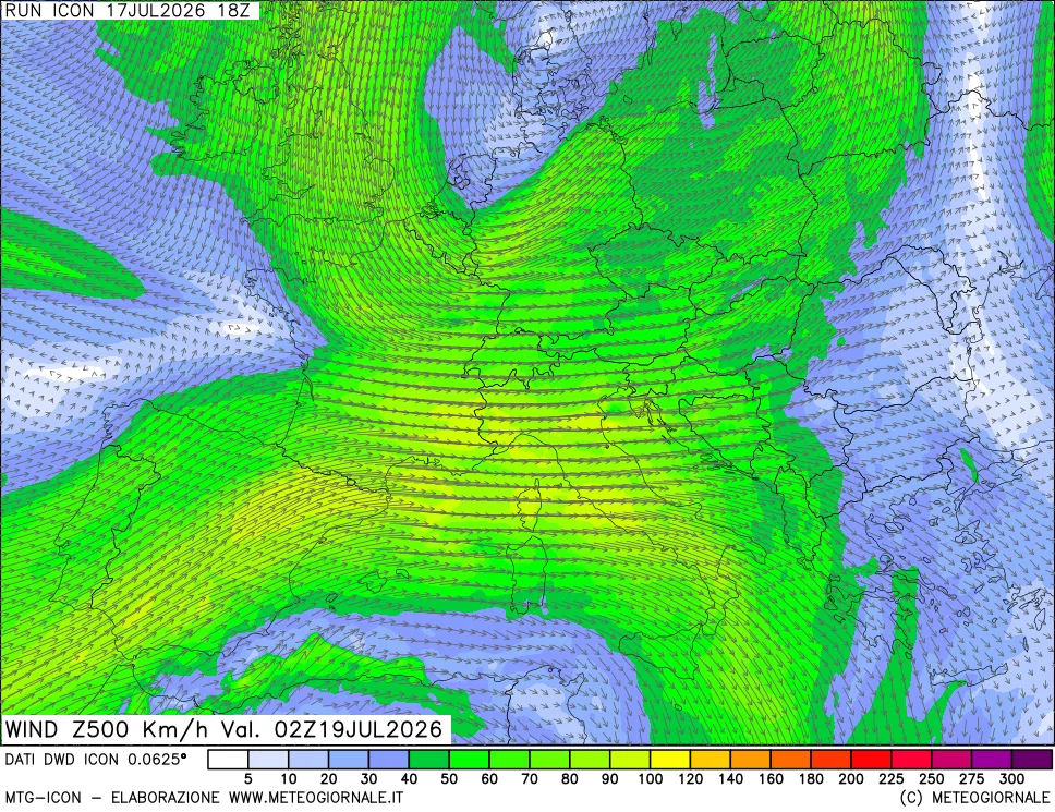 mappa 500 hPa Vento forza e direzione