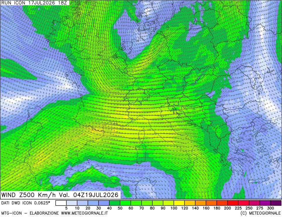 mappa 500 hPa Vento forza e direzione