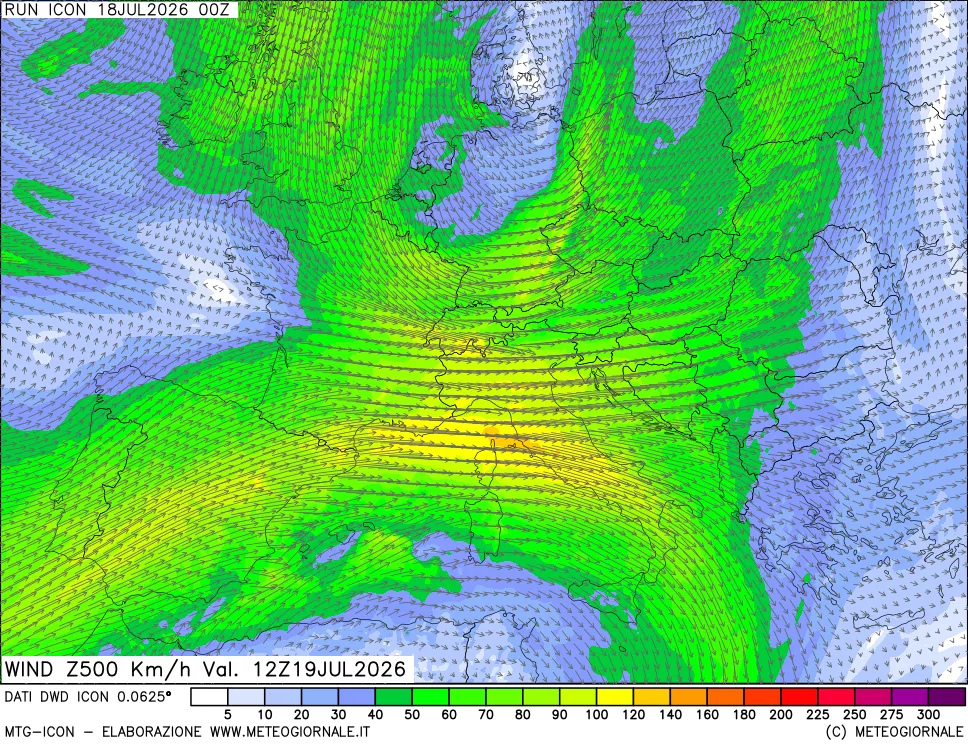 mappa 500 hPa Vento forza e direzione