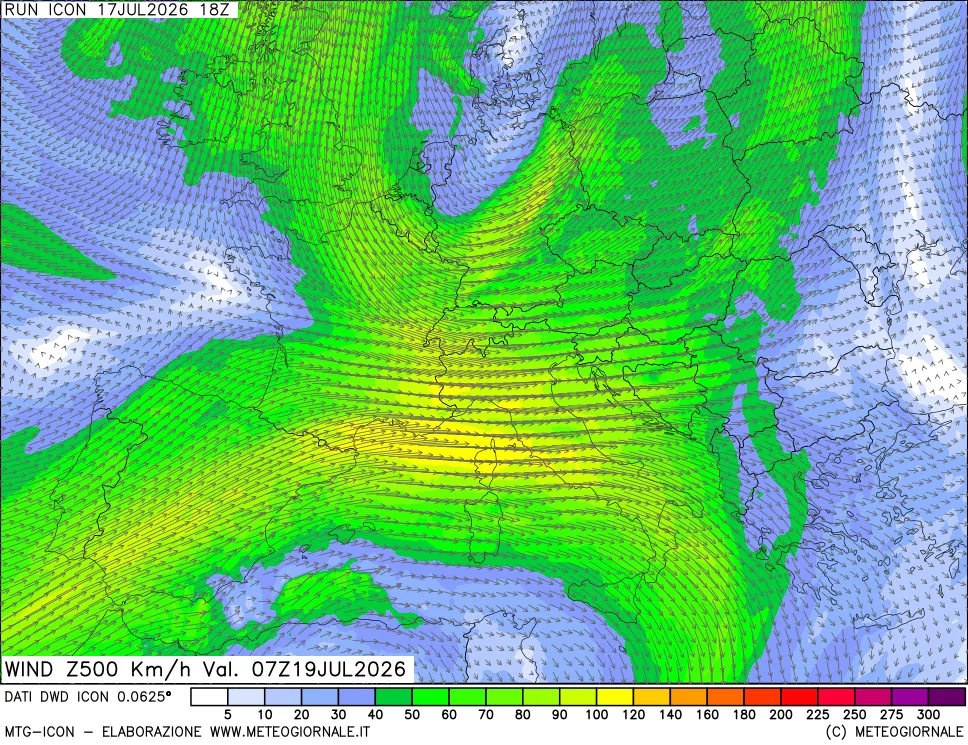 mappa 500 hPa Vento forza e direzione