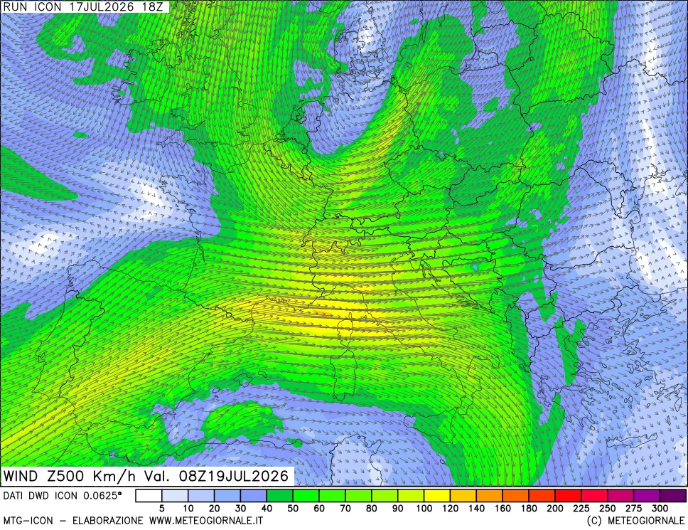 mappa 500 hPa Vento forza e direzione