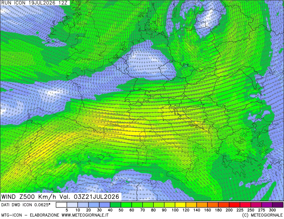 mappa 500 hPa Vento forza e direzione
