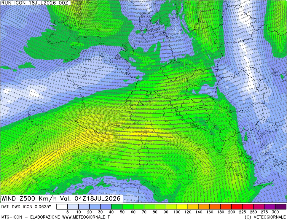 mappa 500 hPa Vento forza e direzione