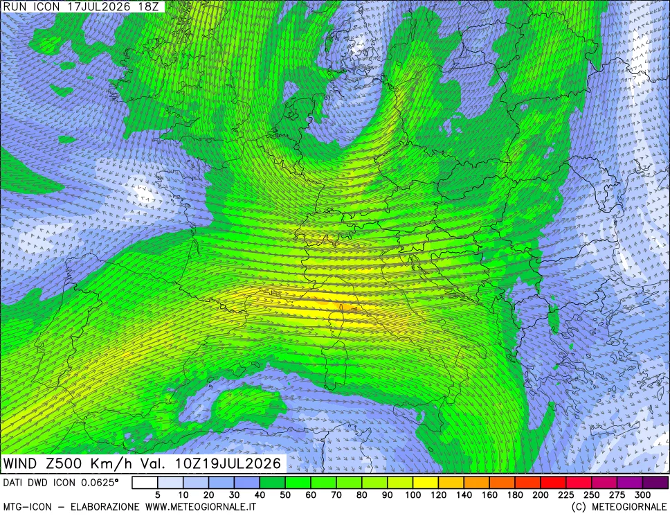 mappa 500 hPa Vento forza e direzione