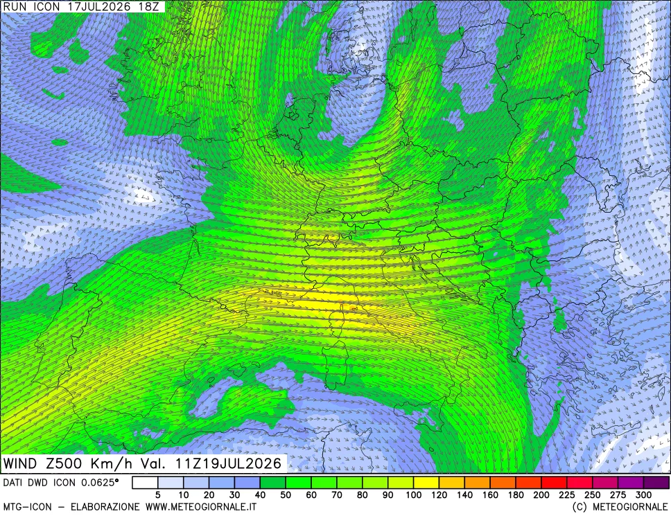 mappa 500 hPa Vento forza e direzione