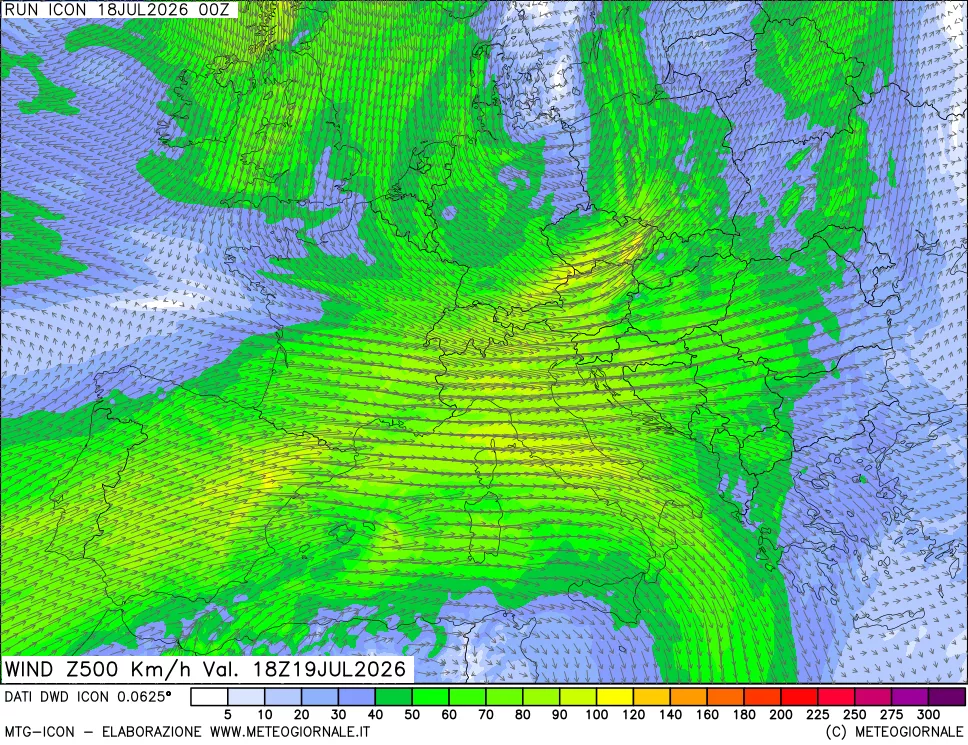 mappa 500 hPa Vento forza e direzione