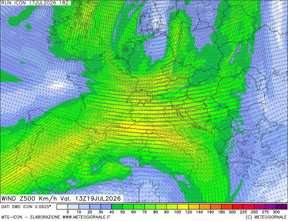 mappa 500 hPa Vento forza e direzione