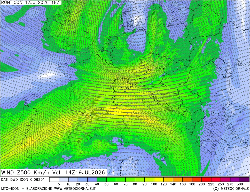 mappa 500 hPa Vento forza e direzione