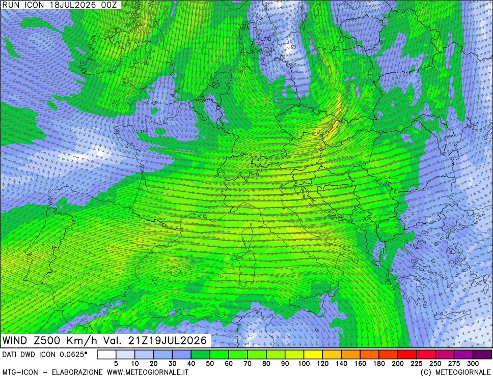 mappa 500 hPa Vento forza e direzione