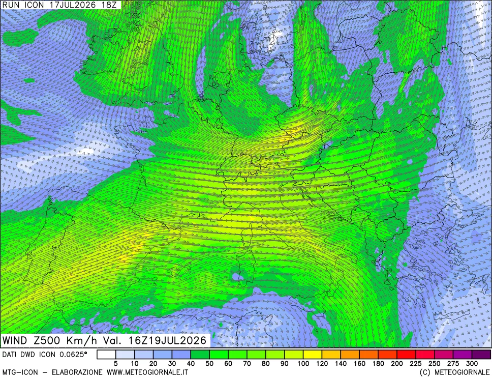 mappa 500 hPa Vento forza e direzione
