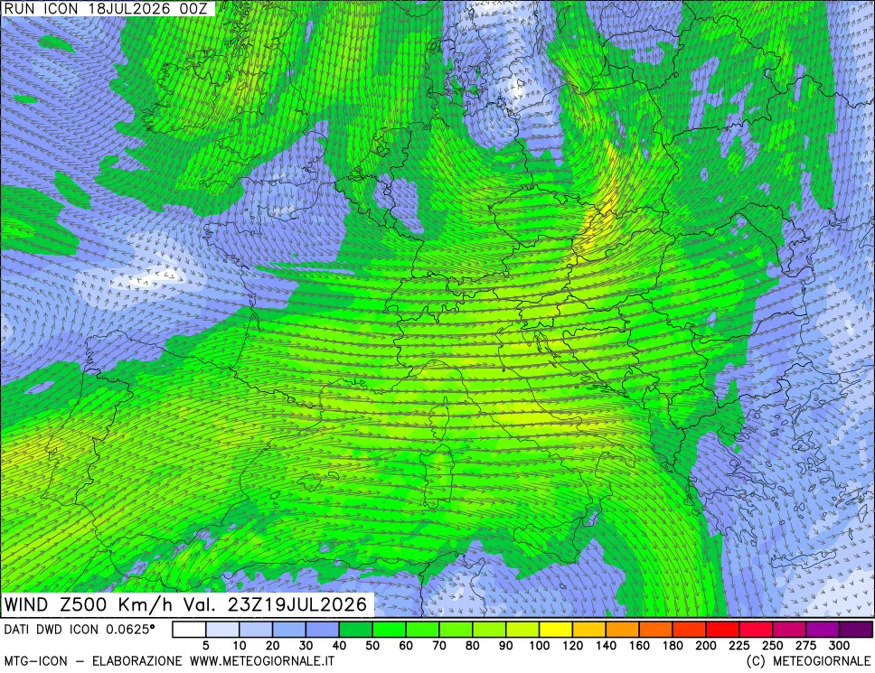 mappa 500 hPa Vento forza e direzione