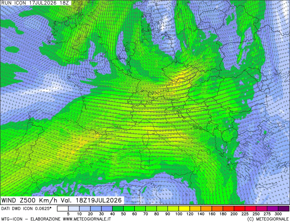 mappa 500 hPa Vento forza e direzione