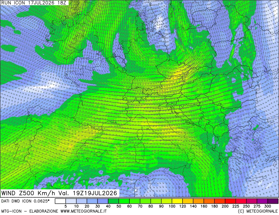 mappa 500 hPa Vento forza e direzione