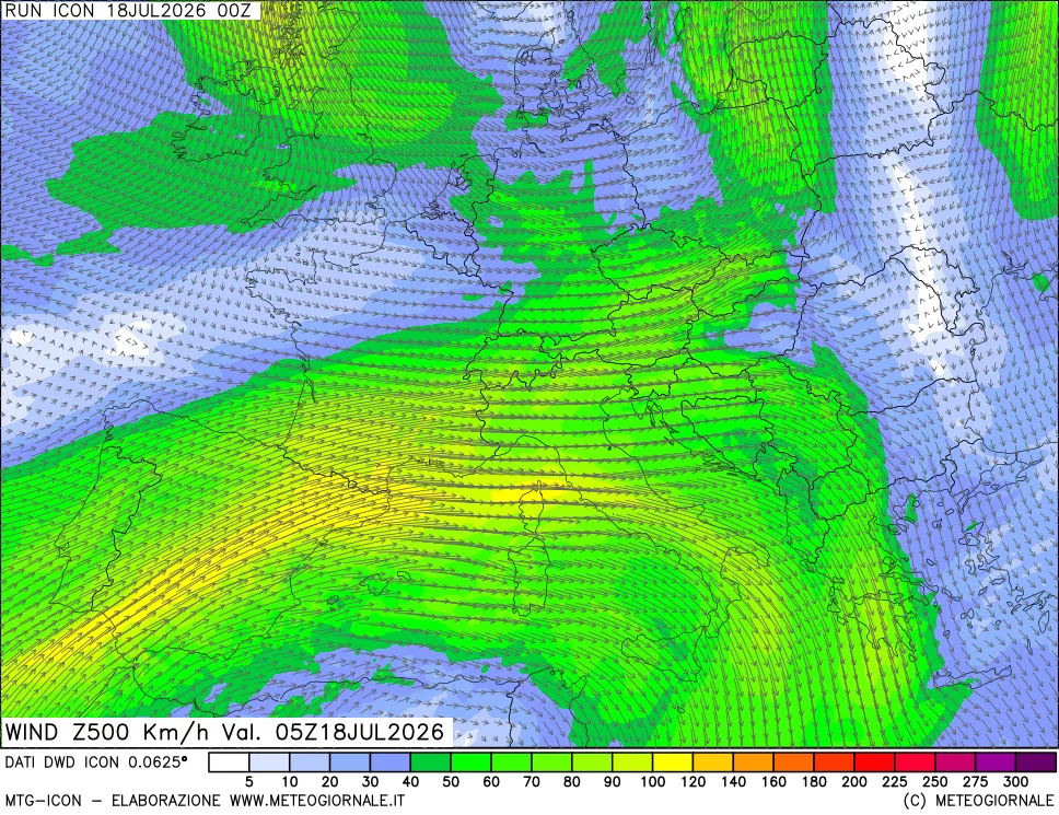 mappa 500 hPa Vento forza e direzione