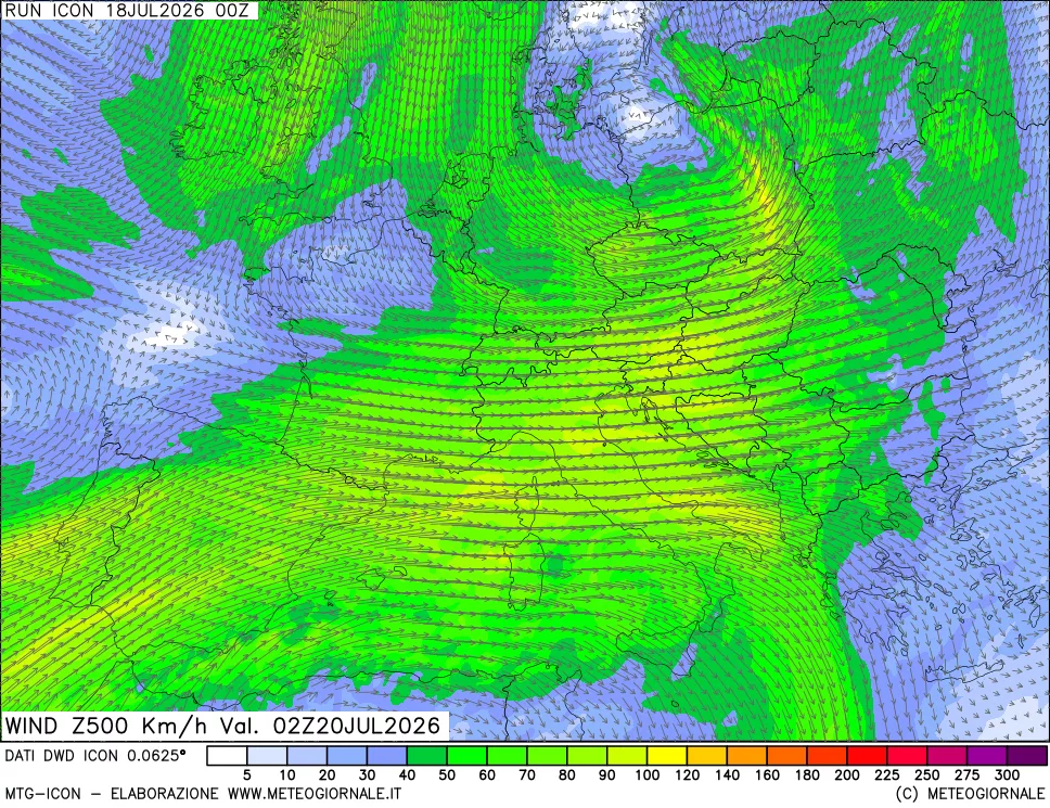 mappa 500 hPa Vento forza e direzione