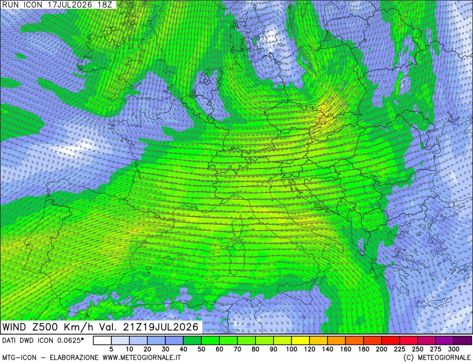 mappa 500 hPa Vento forza e direzione