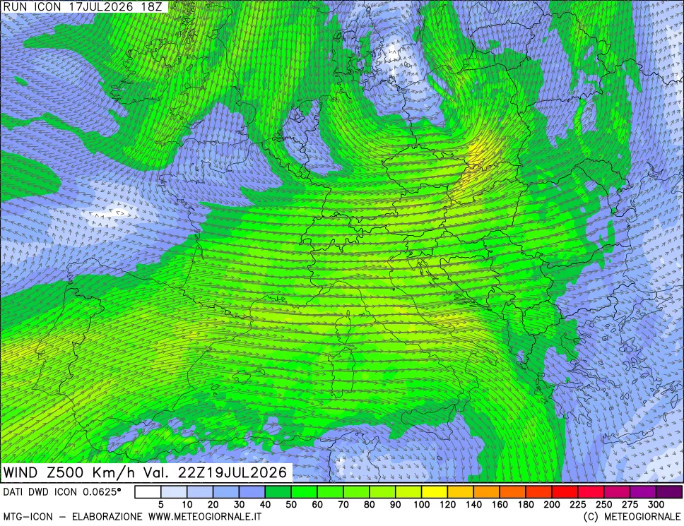 mappa 500 hPa Vento forza e direzione