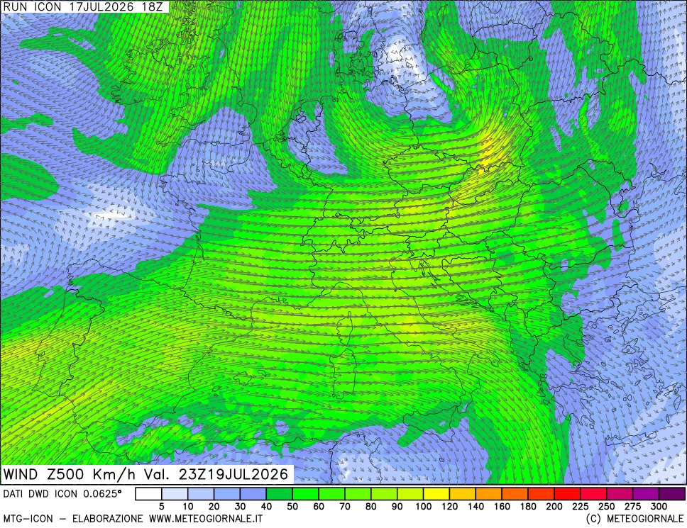 mappa 500 hPa Vento forza e direzione