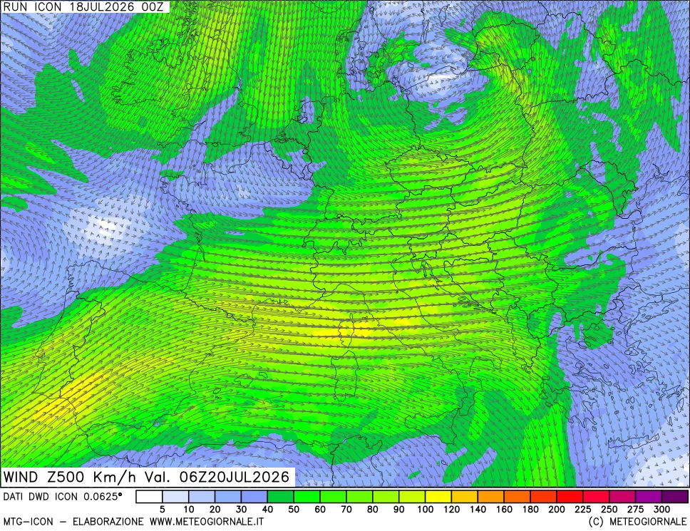 mappa 500 hPa Vento forza e direzione